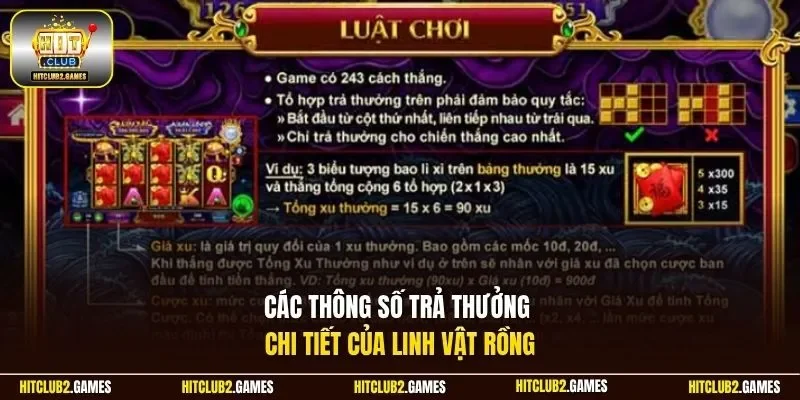 Các thông số trả thưởng chi tiết của linh vật rồng
